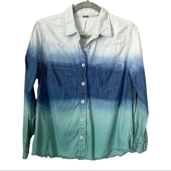 Free People Before Sunrise Ombré Button Down Raw Hem Top - Picture 2 of 10